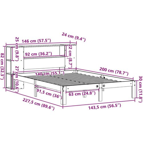VidaXL Krevet s regalom za knjige bez madraca 140x200 cm od borovine Slike