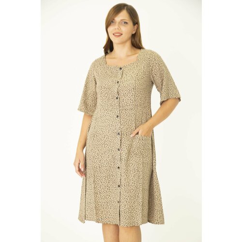 Şans Women's Plus Size Mink Woven Viscose Fabric Front Buttoned Pocket Dress Slike