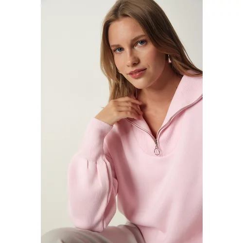 Happiness İstanbul Women's Light Pink Zipper Collar Basic Knitwear Sweater