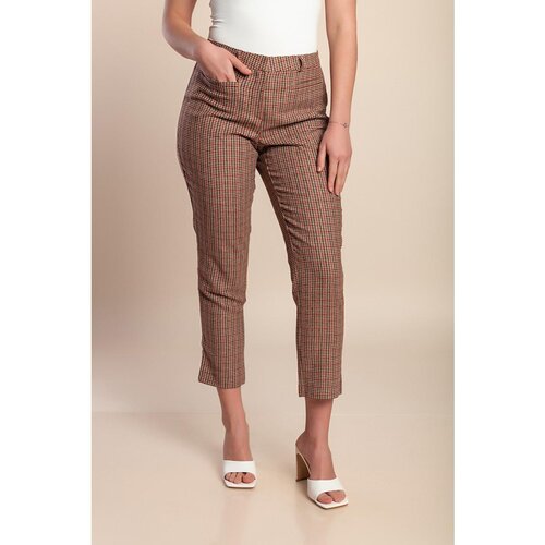 Fenzy Plus Size 7/8 Hlače S Karo Potiskom, Rjavo-Rdeče Cene
