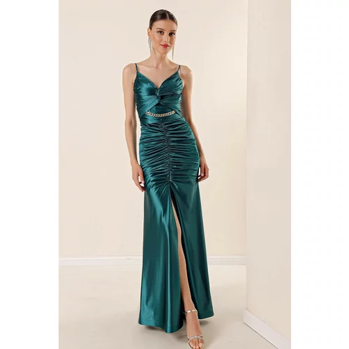 By Saygı Rope Straps Draped Front with Chain Accessories and a Lined Satin Long Dress with a Front Slit Emerald