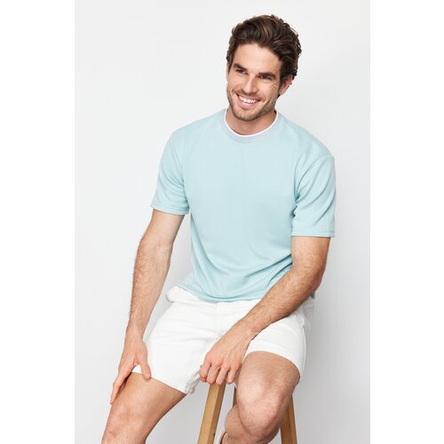 Trendyol limited edition basic mint men's relaxed cut knitwear banded short sleeve textured pique t-shirt Cene