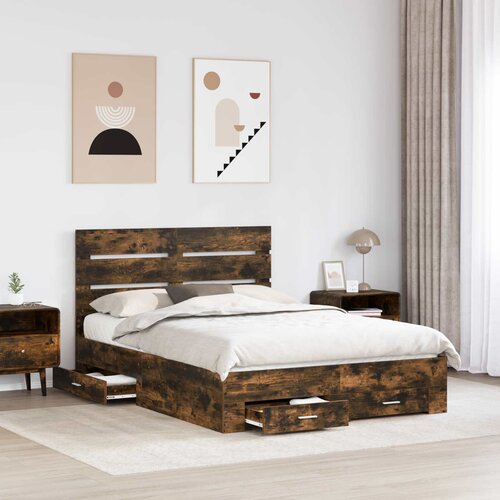 Krevetna konstrukcija s ladicama Dimljeni hrast 150 x 200 cm Smeđa 203 x 153 x 100 cm Slike