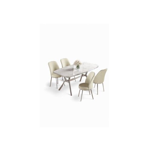 Hanah home Set trpezarijskog stola i stolica (5 delova) Lena White Marble Chrome Cream Cene