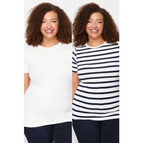 Trendyol Curve White-Navy Blue Striped 2 Pack Viscose Stretchy Knitted Blouse