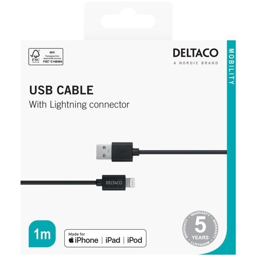 Deltaco Lightning kabel, 1m, Apple C189 čipset, MFi, FSC-označeno pakiranje, crno Slike