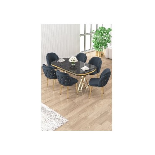 Hanah home Set trpezarijskog stola i stolica (7 delova) Zae Black Marble Gold Anthracite Cene