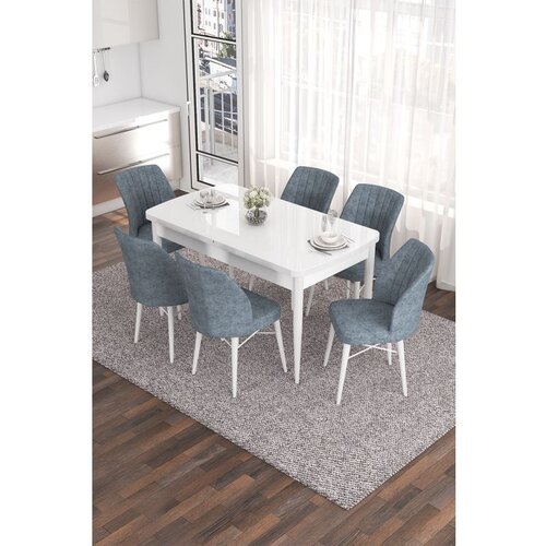 Hanah home Eva - White, Grey WhiteGrey Extendable Dining Table & Chairs Set (7 Pieces) Cene