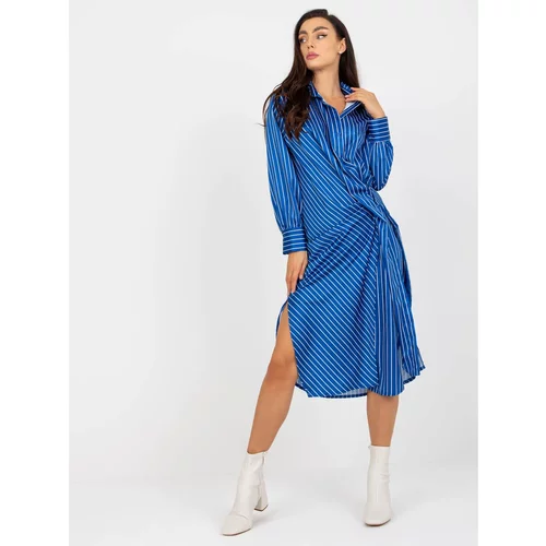Fashionhunters Dark blue striped shirt midi dress in imitation satin