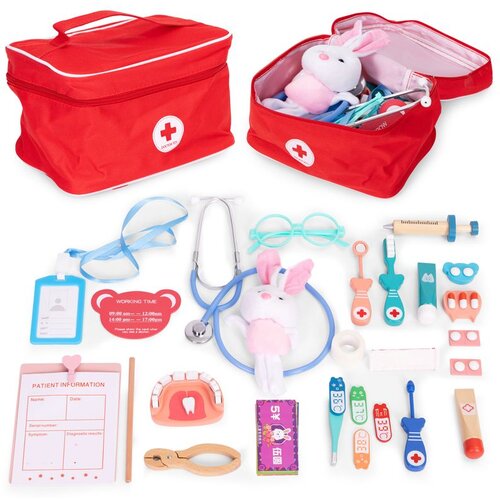 ECO TOYS Drveni set za igru ​​liječnika, medicinska torba za djecu, 28 dijelova, Slike