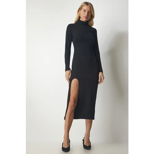  Women's Black Slit Knitted Dress With Standing Collar Camisole