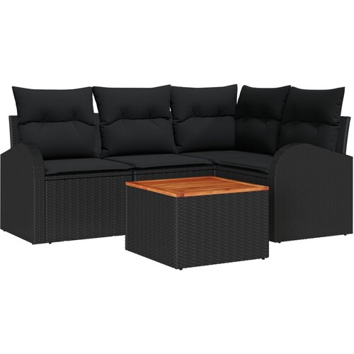 vidaXL 5-delna vrtna sedežna garnitura s blazinami Črna Poli Ratan Akacija, 2-sedežna vrtna sofa s shrambnim prostorom in blazinami Črna Poli Ratan Cene