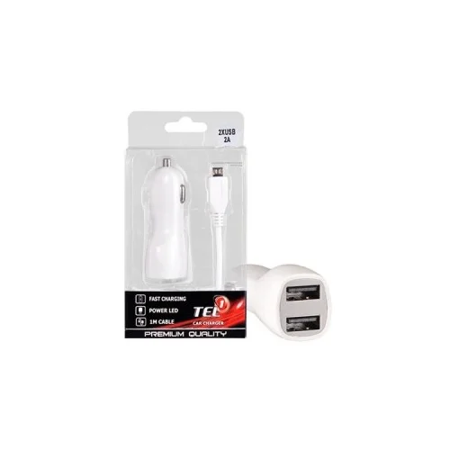  Auto Punjač za mobitel Tel1 2xUSB 2A WHITE + MicroUSB cable