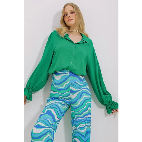 Trend Alaçatı Stili Women's Green Flounce Sleeve Viscon Woven Shirt