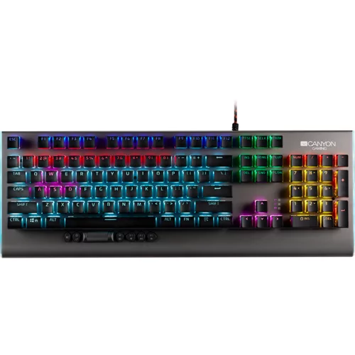 Canyon Wired multimedia gaming keyboard with lighting effect, 20pcs rainbow LED &amp; 19pcs RGB light, Numbers 104keys, EN double injection layout, cable length 1.8M, 446*160*40mm, 0.98kg, color Dark grey
