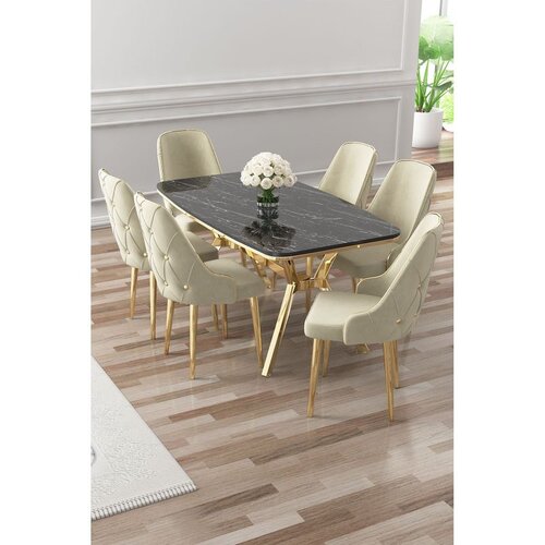 Hanah home trpezarijski set Asel, sto i 6 stolica, ploča u dekoru Sonata, zlatne noge, krem tkanina Babyface Cene