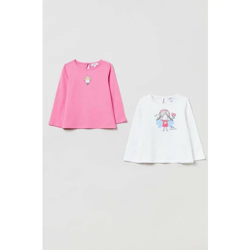 OVS Otroška bombažna majica z dolgimi rokavi 2-pack roza barva