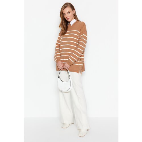 Trendyol Camel Striped Knitwear Sweater Slike