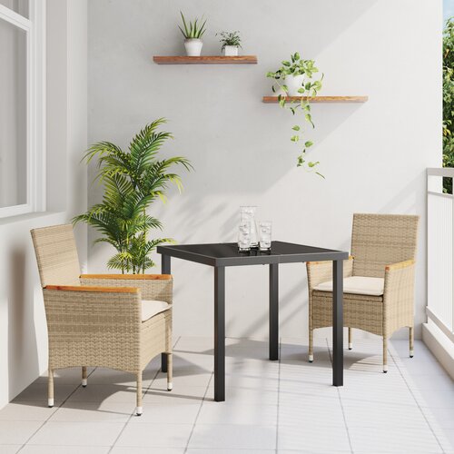 vidaXL set za blagovanje u vrtu od 3 dijela s jastučićima bež poliratan, stol za vanjsku upotrebu crni 80x80x73 cm od kaljenog stakla Cijene