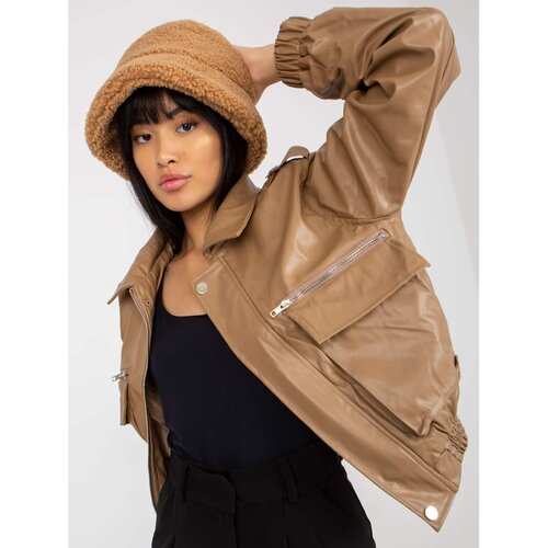 Fashion Hunters Dark beige short eco-leather jacket with pockets Slike