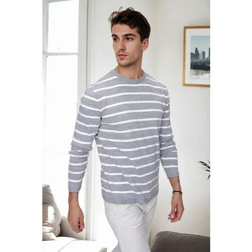 Dewberry 99741 Crew Neck Striped Casual Knitwear Sweater-GREY