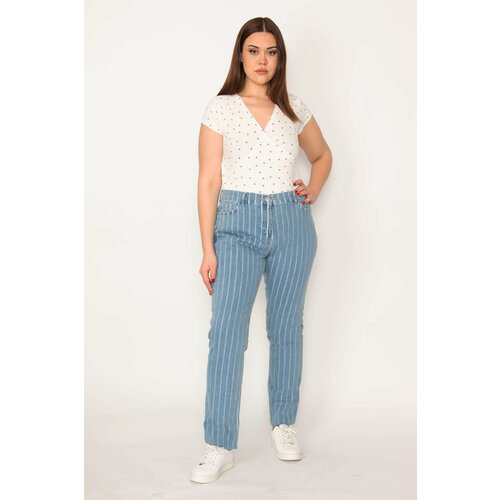 Şans Women's Plus Size Blue 5-Pocket Striped Jeans Pants Cene