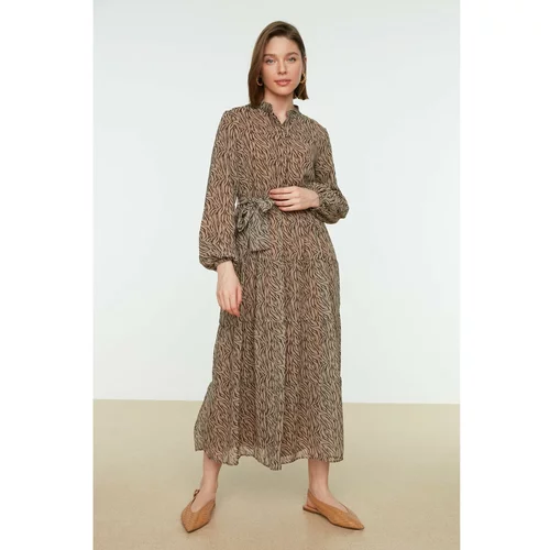 Trendyol Camel Patterned Sash Detailed Lined Chiffon Woven Dress