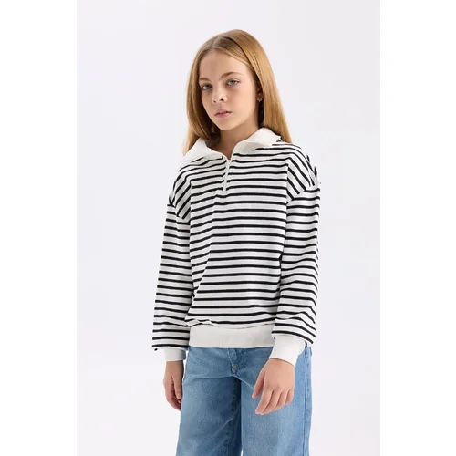 Defacto Girl Oversize Fit Wide Mold Half Zipper Striped Sweatshirt