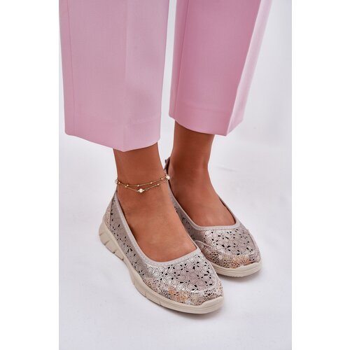 EVENTO Leather Perforated Lightweight Ballerinas Gold Leaneila Cene