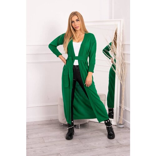 Kesi Long sweater with waist tie in green color Cene