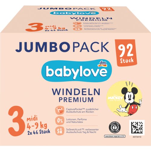 Babylove JUMBOPACK Premium pelene veličina 3 midi (4-9 kg), 2x46kom 92 kom Slike