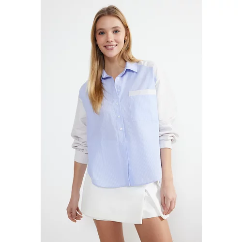 Trendyol Blue Striped Color Block Parachute Garnish Oversize/Creature Woven Shirt