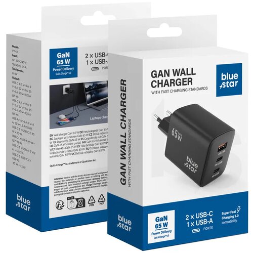 Blue Star GaN 4A 65W mrežni punjač 2 x Type C + USB A PD QC4.0 VT-43 crni Cene