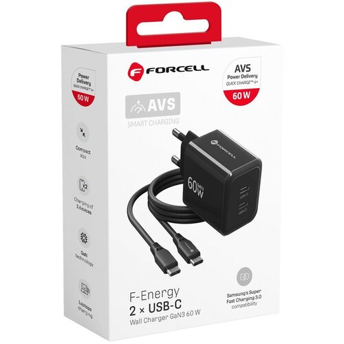  Punjač za telefon Forcell F-Energy GaN III 2x USB-C AVS SSFC3.0 60 W + kabel USB-C na USB-C Slike