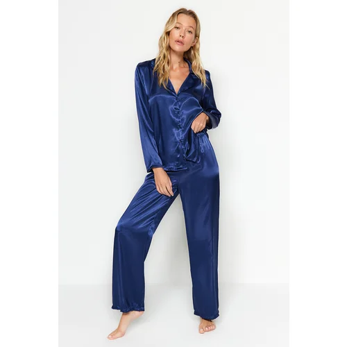 Trendyol Navy Blue Satin Shirt-Pants Weave Pajamas Set