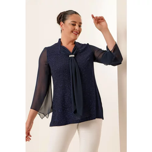 By Saygı Navy Blue Plus Size Blouse with a Scarf on the Collar and Glittery Glitter.
