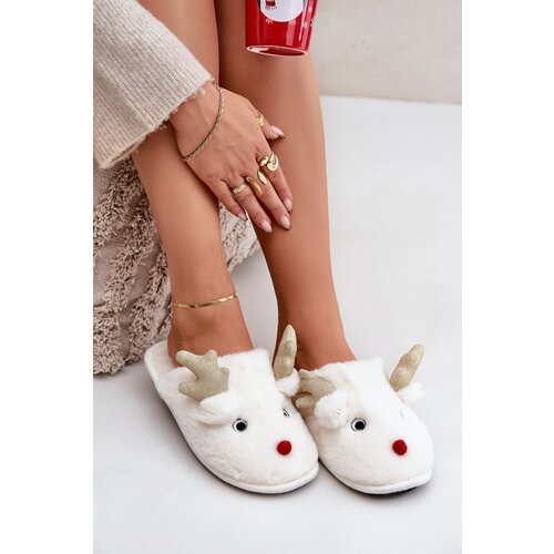  Christmas Slippers With Reindeer Motif Fur White Asielle Slike