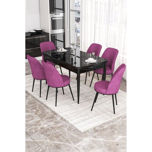 Hanah home trpezarijski set Via, sto na razvlačenje i 6 stolica, ploča u dekoru crnog mermera, ljubičasta tkanina Jerry Cene