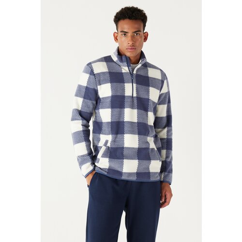 AC&Co / Altınyıldız Classics Men's Ecru Indigo Standard Fit Normal Cut Stand-Up Bato Collar Fleece Sweatshirt Cene