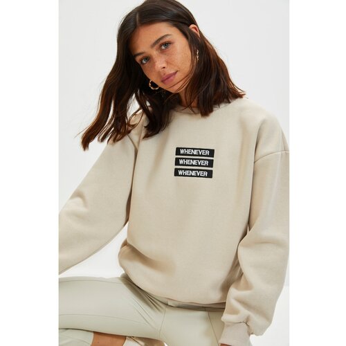 Trendyol Beige Embroidered Loose Stand Up Collar Knitted Raised Sweatshirt Slike