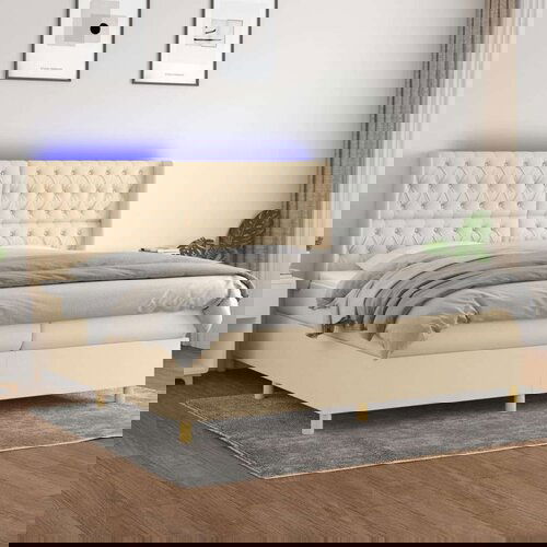  Box spring postelja z vzmetnico LED krem 200x200 cm blago, (20761271) Cene