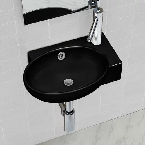 vidaXL Keramičen kopalniški umivalnik okrogel z luknjo za pipo črn