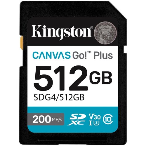 Kingston SD Card 512GB, Canvas Go! Plus, SDXC Class10 UHS-1 U3 V30, Read up to 200MB/s, Write up to 160MB/s, for 4K and FullHD video recording Cene
