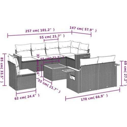 VidaXL 9-dijelni set vrtnih sofa od poliratana s jastucima sivi Slike