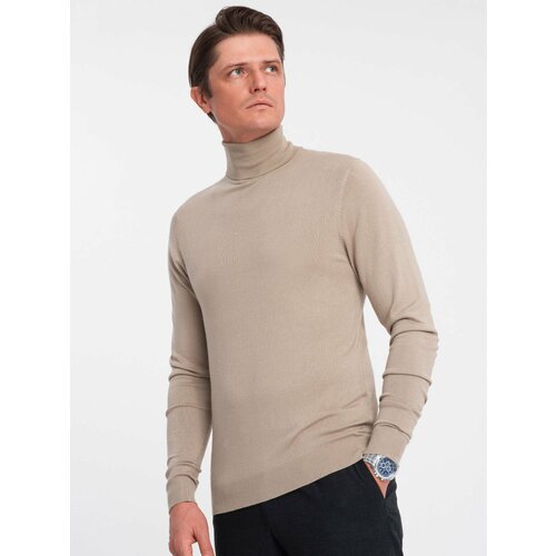 Ombre Men's knitted fitted turtleneck with viscose - beige Cene