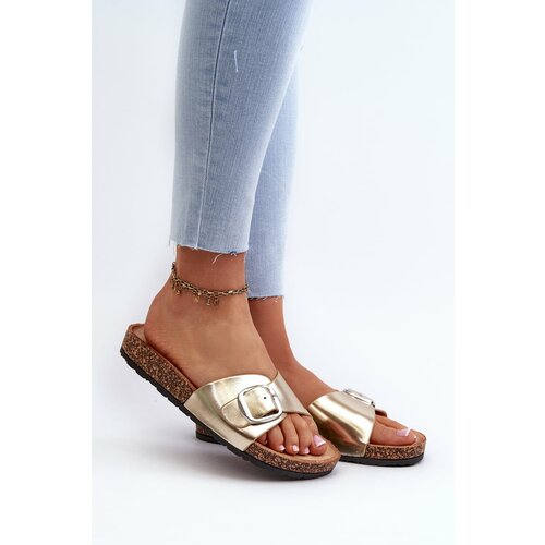 Kesi Women's slippers on a cork platform with a gold moaxi buckle Cene