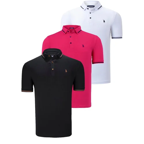 Dewberry TRIPLE SET T8586 MEN'S T-SHIRT-BLACK-WHITE-FUCHSIA