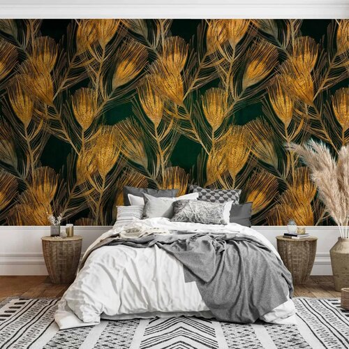  Foto tapeta - Golden peacock feathers - solid background with bird pattern on green background 392x280 Slike