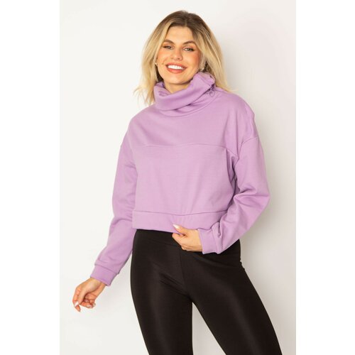 Şans Women's Plus Size Lilac Shoulder Zipper High Neck Detailed Inner Raising Sweatshirt Slike