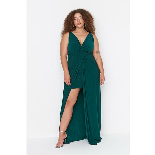 Trendyol Curve Emerald Green Knot Detailed Knitted Evening Dress Cene